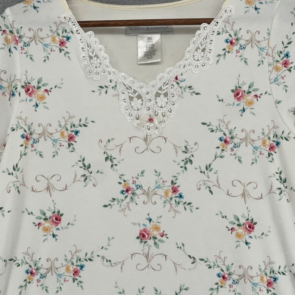 VTG White Floral Lace Trim Nightgown Feminine LS Sleep Dress Cottagecore Modest